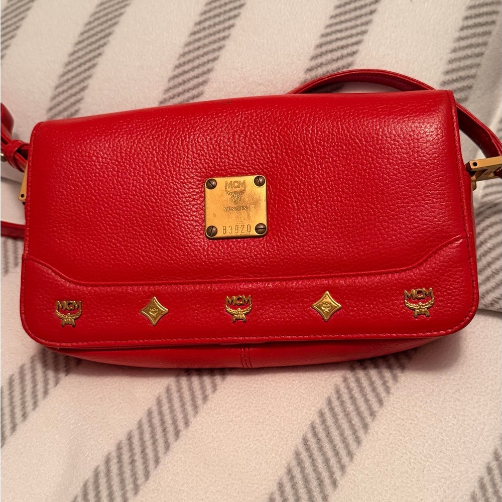 MCM Red Crossbody Bag with Gold Accents
